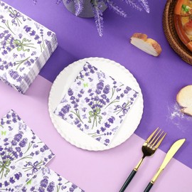Janlaugh 200 Pcs Purple Lavender Floral Napkins Spring Summer Lavender Disposable Cocktail Napkins Purple Easter Watercolor Blooming Floral Butterfly Disposable Hand Towels for Holiday Party Supplies