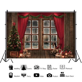 AOFOTO 7x5ft Winter Christmas Backdrop Xmas Tree Gift Toy Wood Floor Red Curtain Decor Snow Forest Window View Christmas Photography Vinyl Background for Party Kid Adult Photo Shoots Studio Props