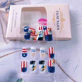 24Pcs 4th of July Press on Nails Short Square White Red Fake Nails with USA Flag Designs Independence Day Nails Cute Patriotic False Nails Short Acrylic Glue on Nails Star Stick on Nails for Women