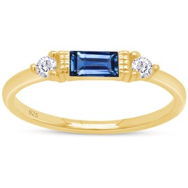 AFFY Baguette Simulated Sapphire Blue & White Cubic Zirconia 14K Yellow Gold Over Sterling Silver Three Stone Design Bridal Engagement Wedding Ring Jewelry For Women Size-6