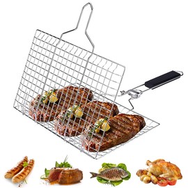 Fish Grilling Basket, Stainless Steel BBQ Grilling Basket, Portable Barbecue Grid, Folding Portable Grill Basket for Fish Vegetables Shrimp with Removable Handle(33.5x22cm), Silver + Black