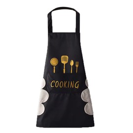 ATRDTO Women Kitchen Apron with Hand Wipe Pockets，Big Pocket,Hand-wiping, Waterproof for Cooking Baking-Black