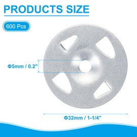 PATIKIL 32mm Insulation Washers, 600pcs Metal Insulation Washers Foam Board Fasteners Perforated Plaster Washers Galvanized Steel 1-1/4in for Foam Board Fixing Fastening Wall Ceiling