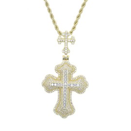 Double Layer Cross Pendant Necklace for Men Women 18k Gold Silver Plated Filled Stainless Steel Cuban Neck Chain Iced Out Bling 5A CZ Stones Choker Jewelry Gift (gold)