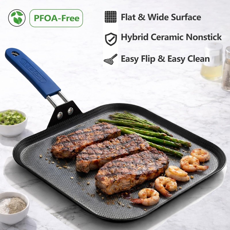 Inqibee 11 Inch Hybrid Nonstick Square Griddle Pan, Flat Square