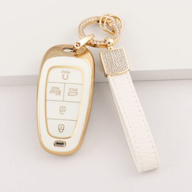 1797 Key Fob Cover for Hyundai Sonata Santa Ioniq Nexo Accessories Bling Car Key Chain Smart Remote Case Protector 5 Button White Gold TPU Girly Cute