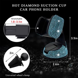 Gasedin Bling Car Phone Holder, 360° Adjustable Rhinestone Shiny Dashboard Phone Stand, Universal Crystal Phone Mount Holder for Windshield Air Outlet, Bling Phone Holder for Women (Lake Blue)