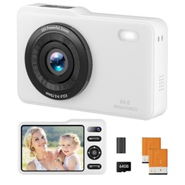 Digital Camera, FHD Dual Lens 64MP AutoFocus Digital Point and Shoot Small Camera with 64GB SD Card 16X Digital Zoom, 2 Batteries Battery for Kids Boys and Girls (White)