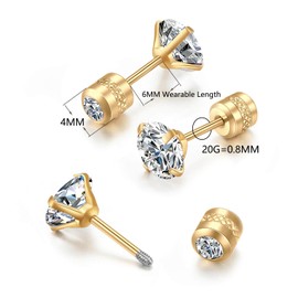 Tiny Flat Screw Back Stud Earrings,Safety Screw on Flatback CZ Earrings for Cartilage Helix Piercing for Women Men Hypoallergenic Earrings (2mm CZ, Gold)