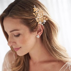 Foyte Bridal Flower Hair Clip Gold Leaf Hair Comb Pearl Wedding Hairpin Bridesmaid Floral Hairpieces for Women and Brides