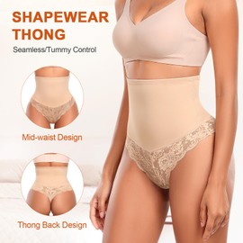 Werena Women Shapewear Tummy Control Thong Underwear High Waisted Body Shaper Panties Lace Shaping Girdle Thongs(Beige, Medium)