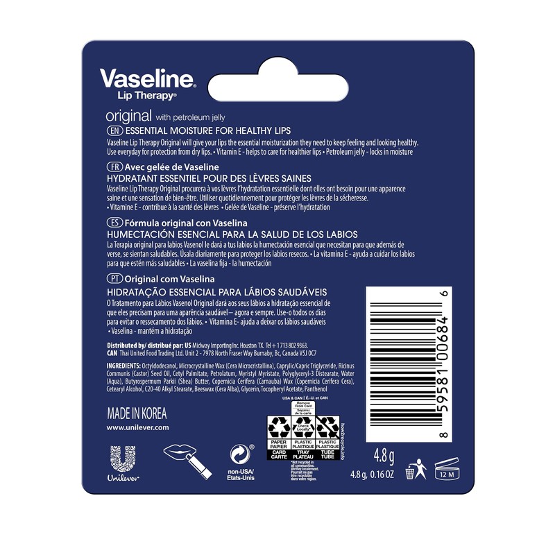 Vaseline Lip Therapy Care Original, Fast-Acting Nourishment, Ideal for Chapped,