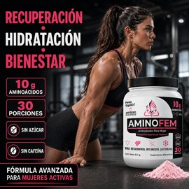 AminoFem Amino para mujeres 10g de Aminoácidos por porción BCAA 8:1 + Glutamina, Myo Inositol, Vitamina C y Acido Folico Electrolitos Mg/K/Na Sin Azúcar, Sin Cafeína Purely Oganics 30 servicios, Ponche de Frutas