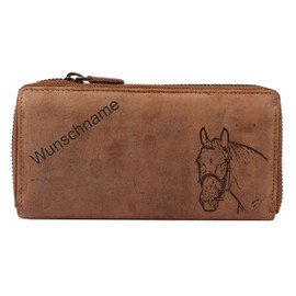 Greenburry Vintage Leather Women's Wallet Horse Design with Desired Name Brown 19 x 10 x 2.5 cm, Green, white, black, brown, silver, Vintage