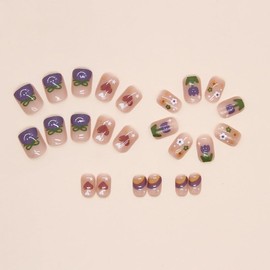 Press On Nails with Nail Glue, 3D Peach Flower Summer Cute Designed in Glue on Nails, Fake Nails, Short Square Almond Ballet Shape for Stick On Nails on 24PCS,Cute Cartoon Flower
