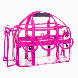 Wide Opening Large Professional Clear PVC Travel Makeup Artist Set Bag Cosmetic Nails Beauty Bag Transparent Vinyl Tool Organizer Work Bag Beach Bag Diaper Bag with 6 External Pockets & Strap (Pink)