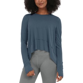 ODODOS Long Sleeve Tee for Women with Thumb Hole Athletic Gym Workout Crop Tops Yoga Shirts, Dark Blue, Medium