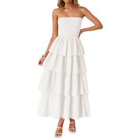 ZESICA Women‘s Summer Boho Strapless Maxi Dress 2025 Casual Sleeveless Off Shoulder Smocked Tiered Beach Long Sundress,White,Large
