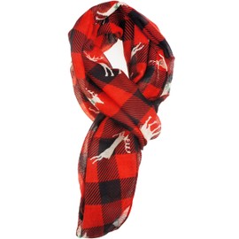 VIVIAN & VINCENT Gift Wrapped Fall Winter Soft Lightweight Holiday Sheer Infinity Christmas Scarf for Women Girls Red Black Buffalo Plaid with Reindeer
