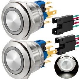 ZJWZJH Waterproof Push Button Switch 22mm Momentary 12V Power 1NO 1NC SPDT Stainless Steel Industrial Switches with Wire UL Certified 7/8" 2 PCS (White, Momentary,12V)