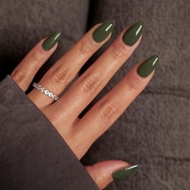 Uñas postizas cortas color verde oliva con forma de almendra, 30 unidades, uñas acrílicas gruesas y cortas, uñas postizas de color sólido, uñas natura