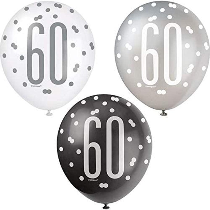 Dazzling 60th Glitz Black, Silver & White Premium Latex Balloons