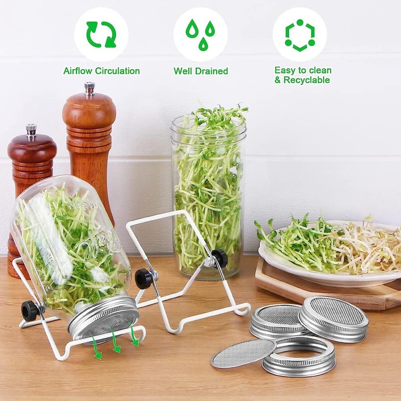 Nudiuhis Germination Kit, Stainless Steel Germination Jar Lid, Stand for