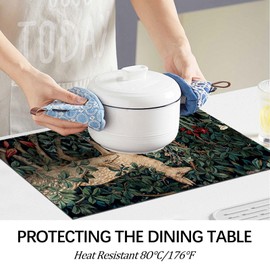 Forest Deer Placemats Set of 4 William Morris Animal Table Placemats Heat Resistant Place Mats Vintage Floral Botanical Linen Woven Dining Table Mats Green Kitchen Table Decor 11.8"X17.7"