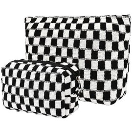 2 count Makeup Bag for Women Checkered  Bag Set Travel Toiletry Bag Makeup Pouch Cute Makeup Bag for Purse Zipper Storage Bag Brushes Aesthetic Accessories Girls   Bag(Light Blue) - Color: Black