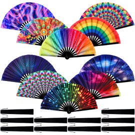 Pinkunn 10 Pcs Large Rave Hand Fan Folding Fan with Bamboo Ribs and Case Craft Rave Fans Rainbow Hand Fan for Drag Queen Dance Music Festival Party Performance and Gifts, 10 Styles, 25"