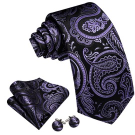 Barry.Wang Paisley Tie Fashion Set Hanky Cufflinks Neckties for Men Woven Silk, Black Lilac Purple, One Size
