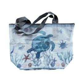 Large Beach Themed Patterned 7 Pocket Mesh Sand-Proof Beach Bag (Sea Turtle)