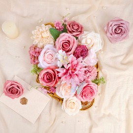 Roahosy Rose Artificial Flowers Combo, Pink Flowers Dusty Rose Silk Flowers with Stems for DIY Bridal Wedding Bouquets Floral Arrangements Table Centerpieces Party Baby Shower Home Decor