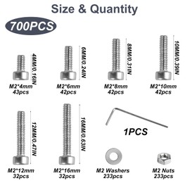 M2 Screws Set, Hexagonal Screws Nuts Set, Stainless Steel Cylinder Screws with Hexagon Socket Screws with Nuts Washers Assortment Kit Machine Screws Thread Screws Set