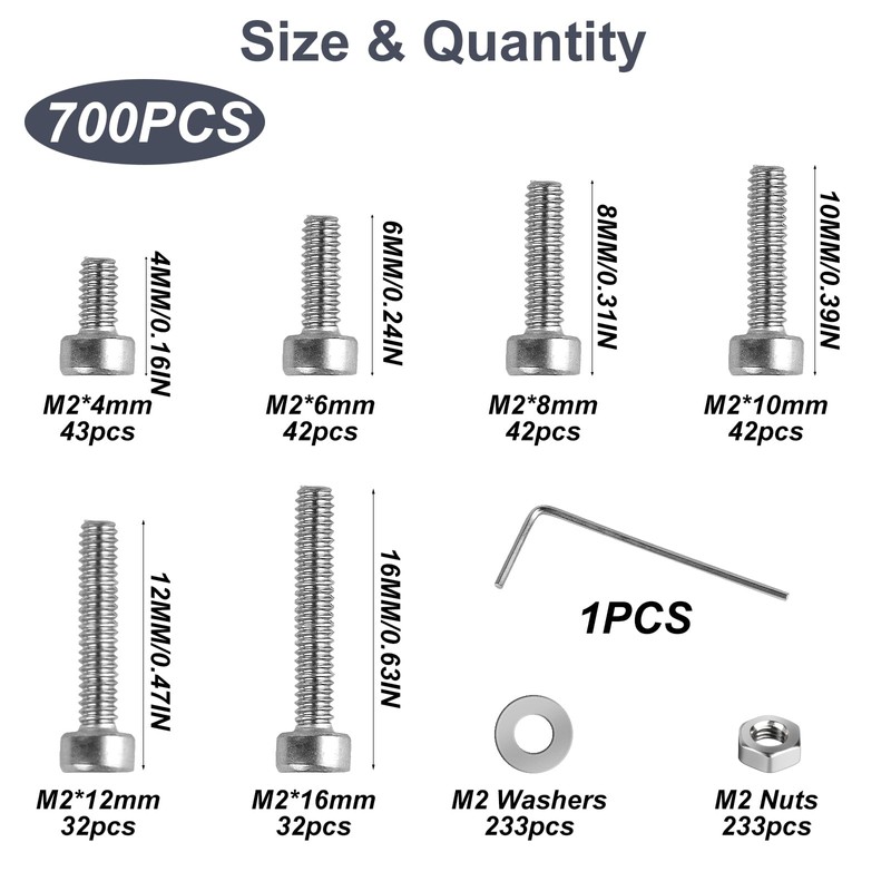 M2 Screws Set, Hexagonal Screws Nuts Set, Stainless Steel Cylinder