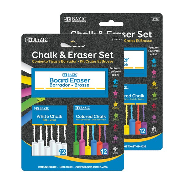 BAZIC Chalk Set, Colored (12 Pcs) + White (12 Pcs) Chalks + Chalkboard Eraser, Non-Toxic Kids Art Office School Blackboard Home, 2-Pack
