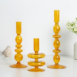 Hewory Glass Candlestick Holders: Light Amber Glass Taper Candle Holders Set of 3 Vintage Candle Stick Candle Holder, Colorful Glass Candle Holder for Table Centerpiece Wedding Dinner Party Home Decor