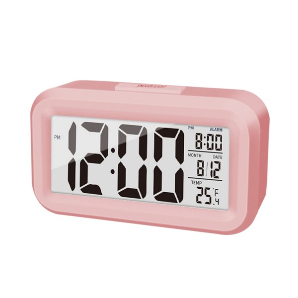 KAIJIELY Upgraded Digital Alarm Clock, 4.3" LED Display with Temperature Larger Lound Light Control Portable Snooze Calendar Brightness with Battery Powered Alarm Clocks Bedside for Everyone (Pink)