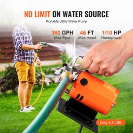 Happybuy Water Transfer Pump, 120V AC 360 GPH, 1/10 HP, Portable Electric Utility Pump, Suction Hose Kit, Carbon Brushes, Impeller, for Garden, Pool, Pond, Aquarium