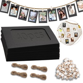 Ziamzra Pack of 40 Black Photo Garland, 10 x 15 cm, Photo Hanging, DIY Kraft Paper Picture Frame, 40 Pieces, Small Clips for Photos Hanging, 4 Pieces Photo Line for Wedding, Birthday, Party, Wall