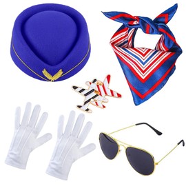 5 Pcs Flight attendant Hat set, Women Flight Attendant Costume Accessories with Hat Gloves Sunglasses, for Cosplay Party