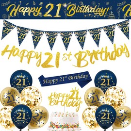 DEARLIVES 21st Birthday Decorations Men,Blue Gold Happy 21st Birthday Banner,21st Birthday Balloons,Bunting Flags,Sash,Cake Toppers for Men Women Blue 21st Birthday Party Supplies