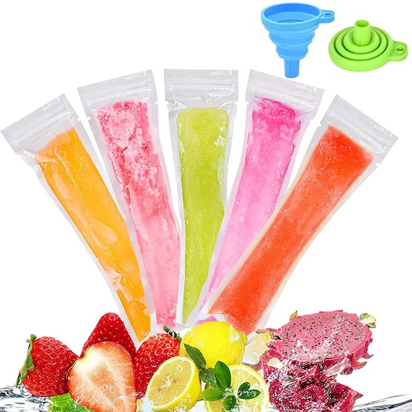 120 pcs Disposable Ice Popsicle Mold Bags freezie Sleeves Bags Pop Bag Mold DIY BPA Free Freezer Tubes with Zip Seals for Healthy Snacks Yogurt Sticks Juice Fruit Smoothies with Foldable Funnel