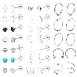 PATISORNA Surgical Steel Earrings for Women Men Silver Hoop Opal Star Moon Zirconia Flat Back Earrings Cartilage Small Silver Hoops Sets Helix Studs