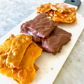 Gourmet Gift Box of 3 Types of Brittle - Peanut Brittle, Chocolate Covered Peanut Brittle, and Cashew Brittle. Three 10 oz Brittle Gift Bags