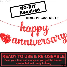 KatchOn, Glitter Red Happy Anniversary Banner - 10 Feet, No DIY | Happy Anniversary Decorations for Party | Red Wedding Anniversary Decorations | Red Happy Anniversary Sign for Romantic Decorations