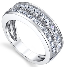 Double Row Princess Cut Men's Sterling Silver Wedding Band Engagement Ring with Cubic Zirconia 7.5mm Size 11