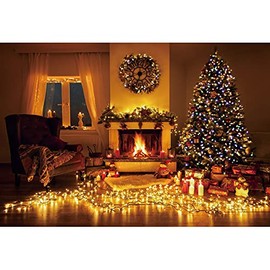 OFILA Merry Christmas Backdrop 10x8ft Fireplace Photography Background Gifts Lights Xmas Tree Party Decorations Banner Kids Adults Photo Shoot Props