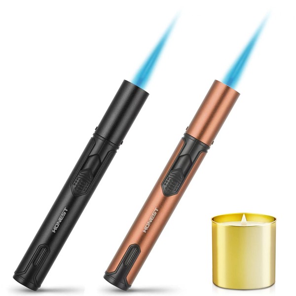 Pen Shape Torch Lighter Blue Straight Flame Windproof Jet Lighter (Butane NOT Included) (2 Pack) (Black+Brown)