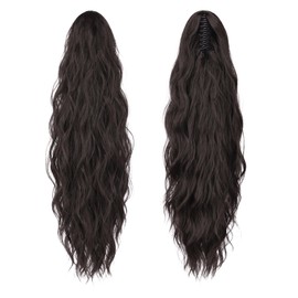 FESHFEN Ponytail Extensions, Long Claw Clip in Ponytail Hairpiece Synthetic Pony Tails Hair Piece Natural Wavy Hairpieces for Women, Black Brown 25 inch
